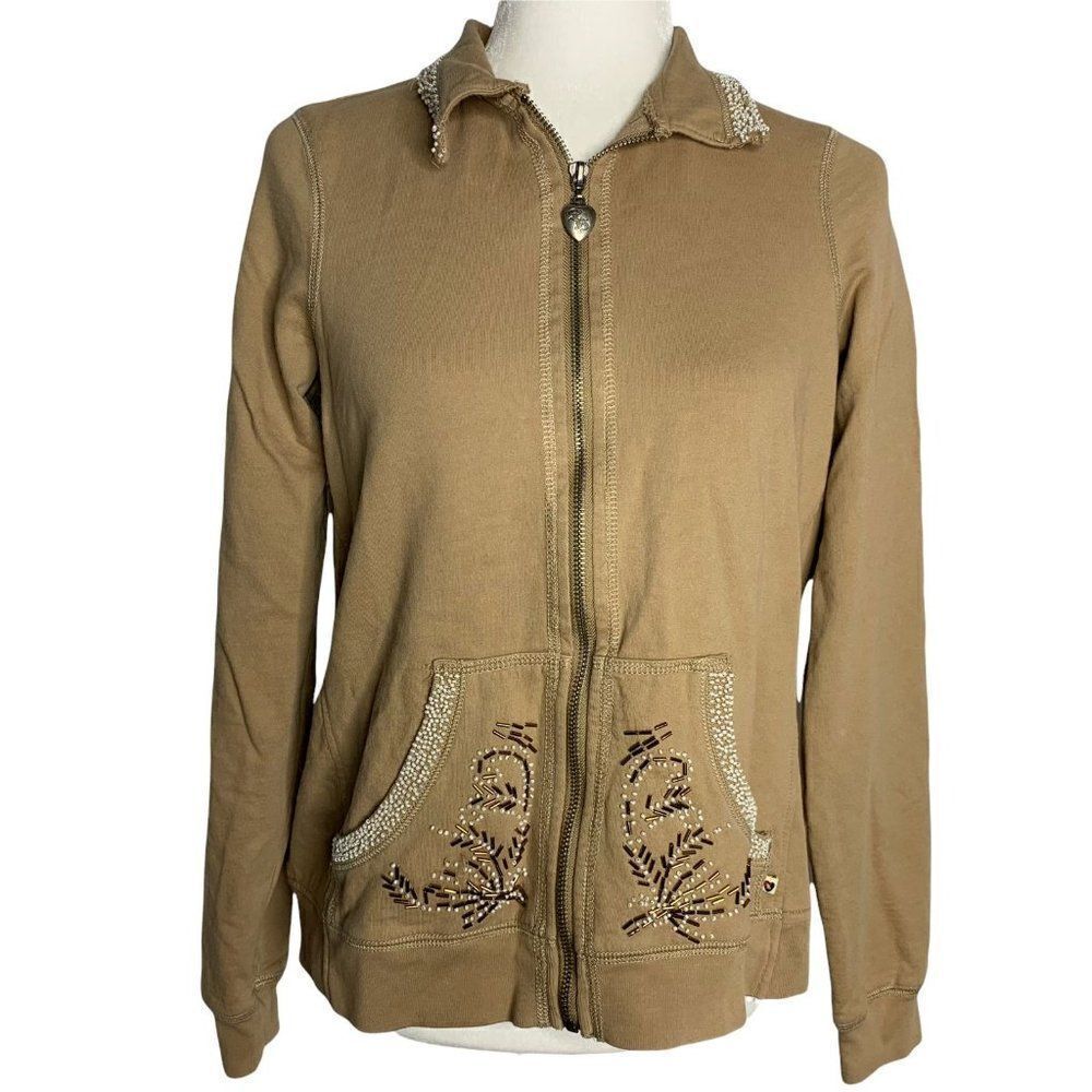 Twisted Heart Beaded Full Zip Sweatshirt M Beige Long Sleeves Pockets Stretch